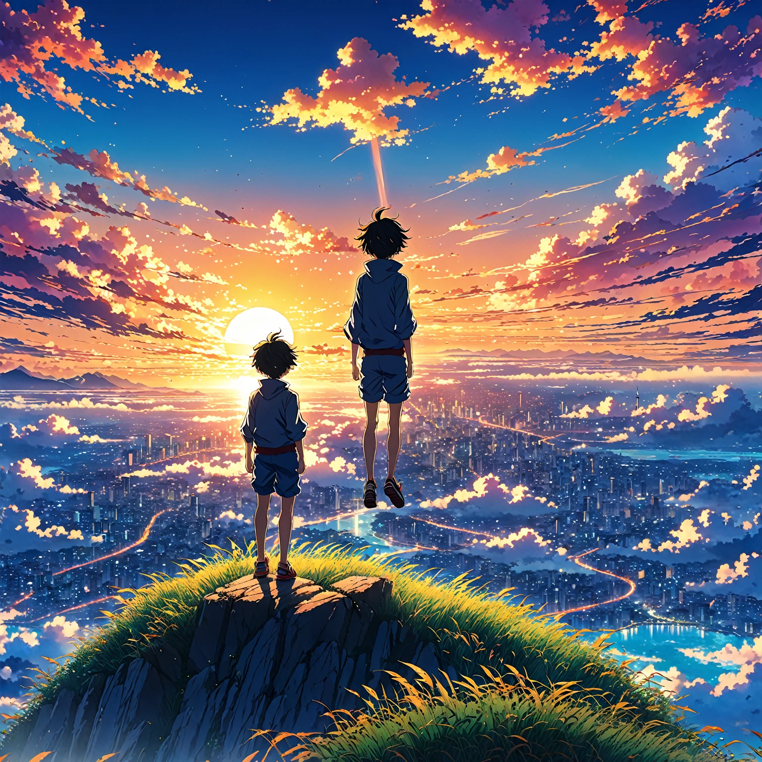 Anime landscape of The image shows a boy falling from the sky in the distance in the air, sunset, seen from afar, a beautiful colorful anime scene, seen from afar, a beautiful anime scene of peace, Makoto Shinkai Cyril Rolando, beautiful anime scene , amazing wallpaper, anime art wallpaper 8k, anime background, artistic anime background, anime wallpaper 4k, anime art wallpaper 4k, anime art 4k wallpaper,