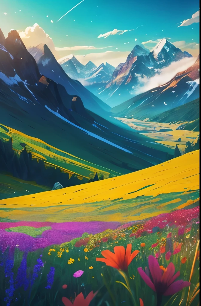 flowers in a field with mountains in the background, a digital rendering by Jim Nelson, flickr, land art, wildflowers, colorful wildflowers, field of wild flowers, field of mixed flowers, vast lush valley flowers, fields of flowers, field of flowers, an aesthetic field of flowers, southern wildflowers, wildflowers and grasses, meadows, beautiful scenery, wild flowers