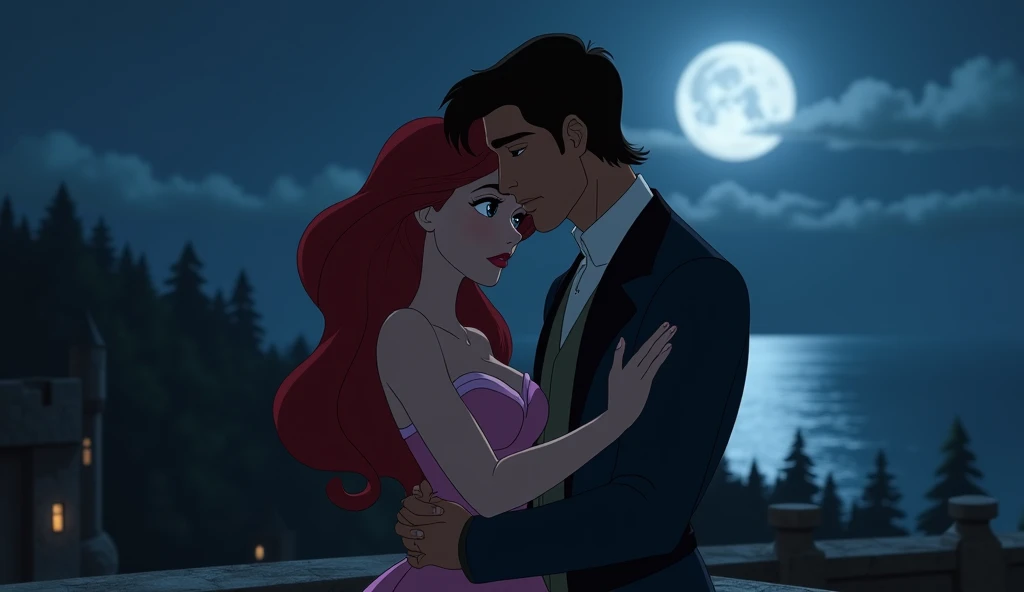 ariel, he has a sad look, super realistic female human face, she wears a simple pink dress, she is on the castle balcony, the prince hugs her, It's night and the moon is full, trees on the horizon, sea not horizon, super feminine and realistic roast, super defined facial features, canon camera image, dark image, dark image romance