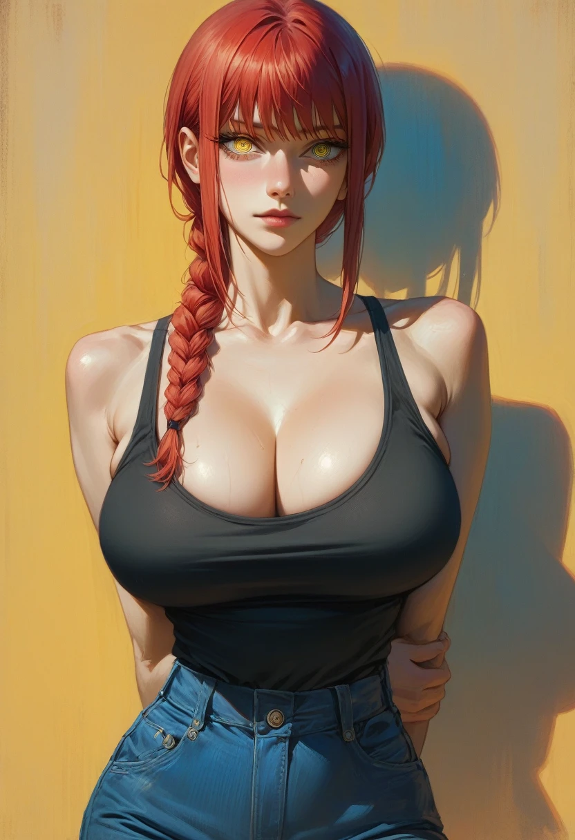 beautiful japanese girl, Makima, chainsaw man, red hair with single braid, yellow eyes, wearing black tank top with Makima written on it, blue jeans, long black hair,arms behind back, giving yakuza vibes, realistic, intricate details, hard colors, huge breasts, cleavage, 