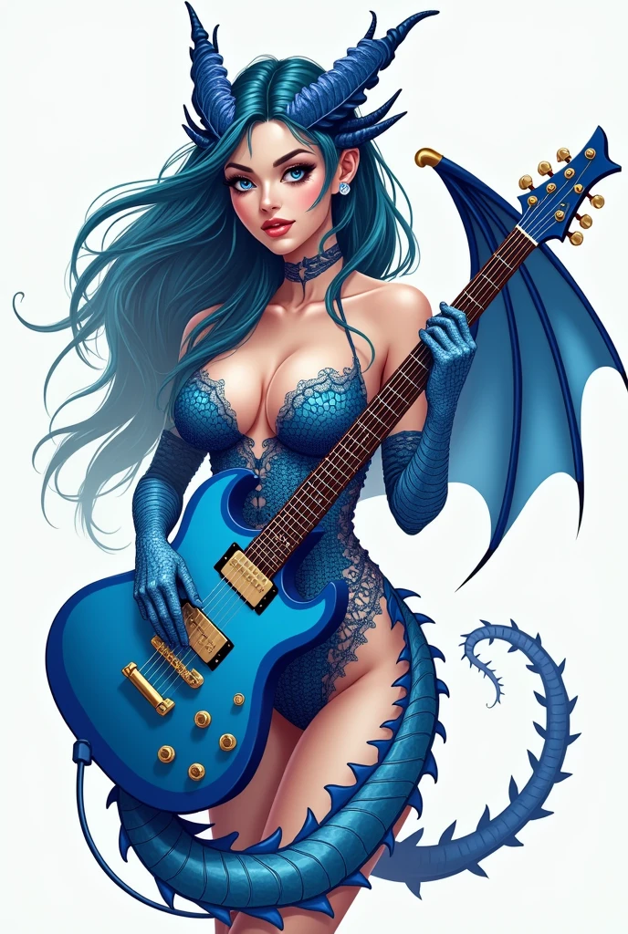 flat vector logo of a sexy voluptuous dragon girl (perfect face). She has wings. She has blue scales over parts of her body. She is wearing an elegantly laced blue bodysuit. She is holding a blue sparkly fender stratocaster. full body shot. semi realistic style