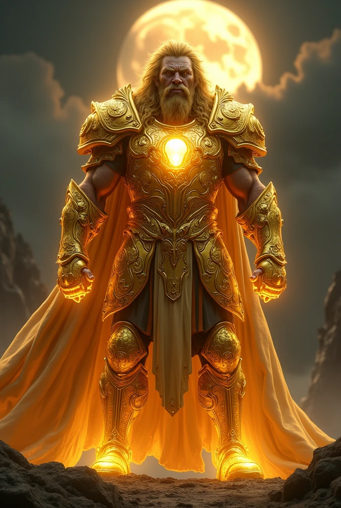 Aegis, an imposing warrior in golden armor, is prepared for battle. His armor shines brightly under the moonlight, highlighting an ominous glow emanating from a stone embedded in the armor's chest. The armor's golden aura is accentuated by an inner light that pulses with an ominous tone., reflecting the power and fury of the warrior. The surrounding environment is shrouded in shadows, with the moon partially illuminating the scene, creating a dramatic contrast between the light of the armor and the darkness around it.
Aegis is in a combat stance, with his armor gleaming as he prepares for a confrontation. His face is a portrait of determination and ferocity, complemented by striking features that accentuate its imposing presence. Aegis is like a monstrous lion, and his majestic mane, that emanates a golden glow, is one of the highlights of its appearance.
Detalhes do Rosto e already:
eyeballs: intensos e penetrantes, with a determined glare that reveals his fury and defiance. The eyes are a golden or amber hue, blending with the armor.
Facial expression: Locked in a look of anger and defiance, with the eyebrows furrowed and the mouth slightly curved in a threatening smile or an expression of contempt.
already: imponente e majestosa, with golden, shiny fur that reflects the moonlight and the energy of the stone on the chest. The mane looks alive and moving, adding a wild and monstrous touch to your appearance.
Additional Features: Tension wrinkles on the forehead and sides of the face, accentuating the seriousness and intensity of the moment. May have scars or marks that add a sense of experience and battle.
body hair: If there is visible hair, should appear disheveled or agitated, as if he had been affected by the pressure of the environment and the tension of the fight.
Armor Visual Details:
Golden Armor: Full of intricate details, with a golden glow that accentuates its power and majesty.
Stone in the Chest: An ominous glow that emits