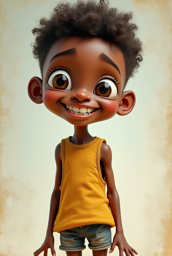 Thin dark-skinned boy with small eyes and churos,  small nose and a big smile where you can see the teeth and a leg warmer dress