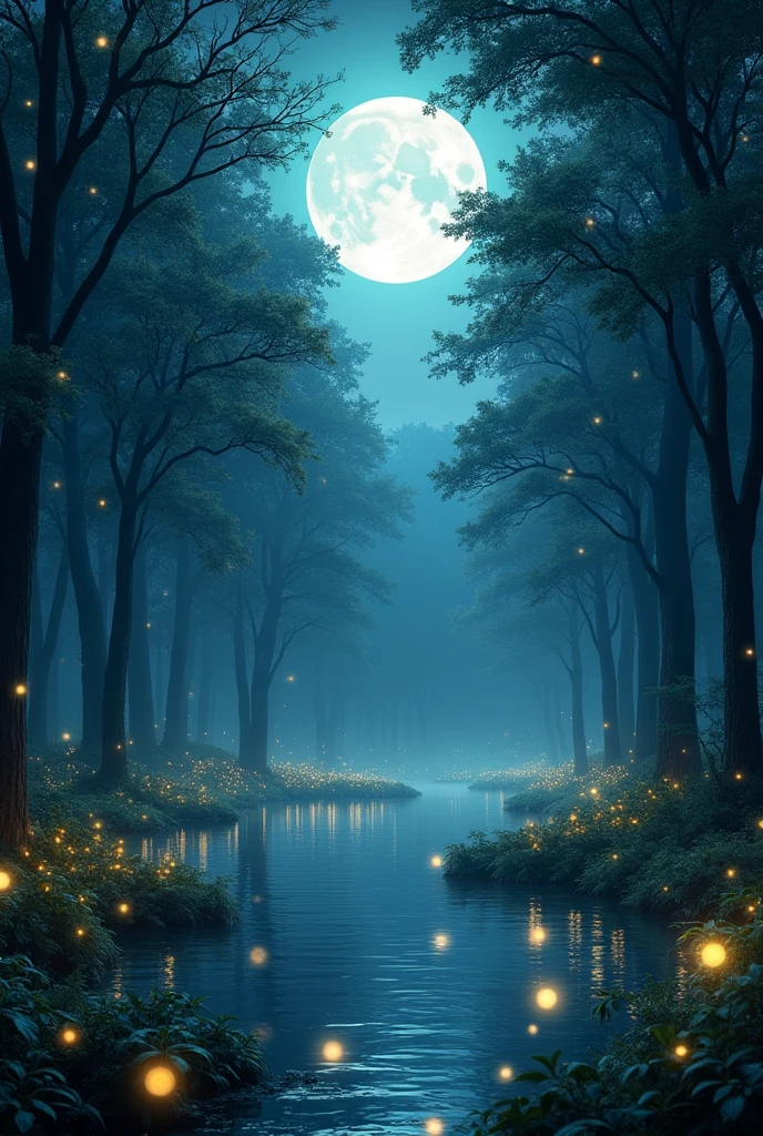 A forest all deluded by the light of the full moon,full of fireflies,realisitic 


