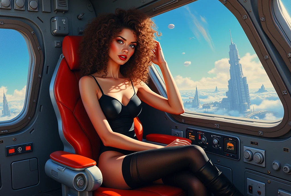High-quality acrylic painting, VIVID COLORS, lateral point a view, a beautiful woman with brown curly hair, looking at the viewer with suspicious face and a shy smile, red lips, she wears black ultra-sheer BODYSTOCKING, HIGH TOP BOOTS, in a command chair in the cockpit of a spaceship