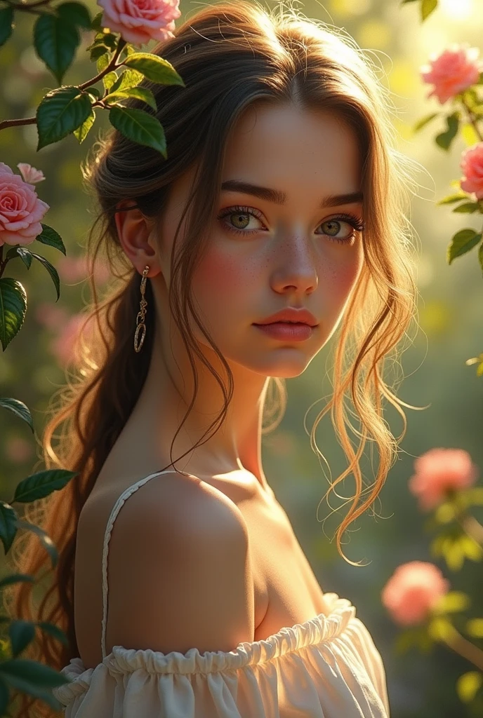 (best quality, highres, ultra-detailed, realistic:1.37), a 16yo half Italian girl with breathtaking beauty under the dappled sunlight, a nude art piece in the style of oil painting, depicted with stunning realism and intricate details. The girl has porcelain-like skin, radiant with a soft glow. Her mesmerizing eyes are filled with depth and emotion, enhanced with long, dark lashes. Her full, luscious lips are delicately painted with a hint of natural color. Long, flowing locks of hair cascade down her back, catching the gentle rays of sunlight. The girl stands gracefully in a picturesque garden, surrounded by vibrant flowers and lush green foliage. The warm golden sunlight filters through the branches, casting enchanting shadows on her flawless form. The scene exudes a sense of tranquility and serenity, as if time has momentarily stood still. The textures of the flowers and leaves are rendered with rich colors and intricate details, bringing them to life on the canvas. The overall composition showcases a harmonious balance between light and shadow, accentuating the girl's ethereal beauty. The color palette of the painting is dominated by warm tones, with hints of soft pastels to add a touch of whimsy. The sunlight bathes the scene in a warm, golden glow, illuminating the girl's fair complexion and casting a soft, romantic atmosphere. The lighting in the artwork is carefully crafted, emphasizing the natural play of light and shadow. The subtle interplay of highlights and shadows enhances the depth and dimensionality of the girl's figure, adding a sense of realism to the painting. The soft, diffused light further enhances the dreamlike quality of the scene, creating a magical and captivating ambiance. The resulting artwork is a masterpiece of beauty and artistry, capturing the essence of a girl's innocence and vulnerability in a mesmerizing and timeless, (NSFW:1.2)