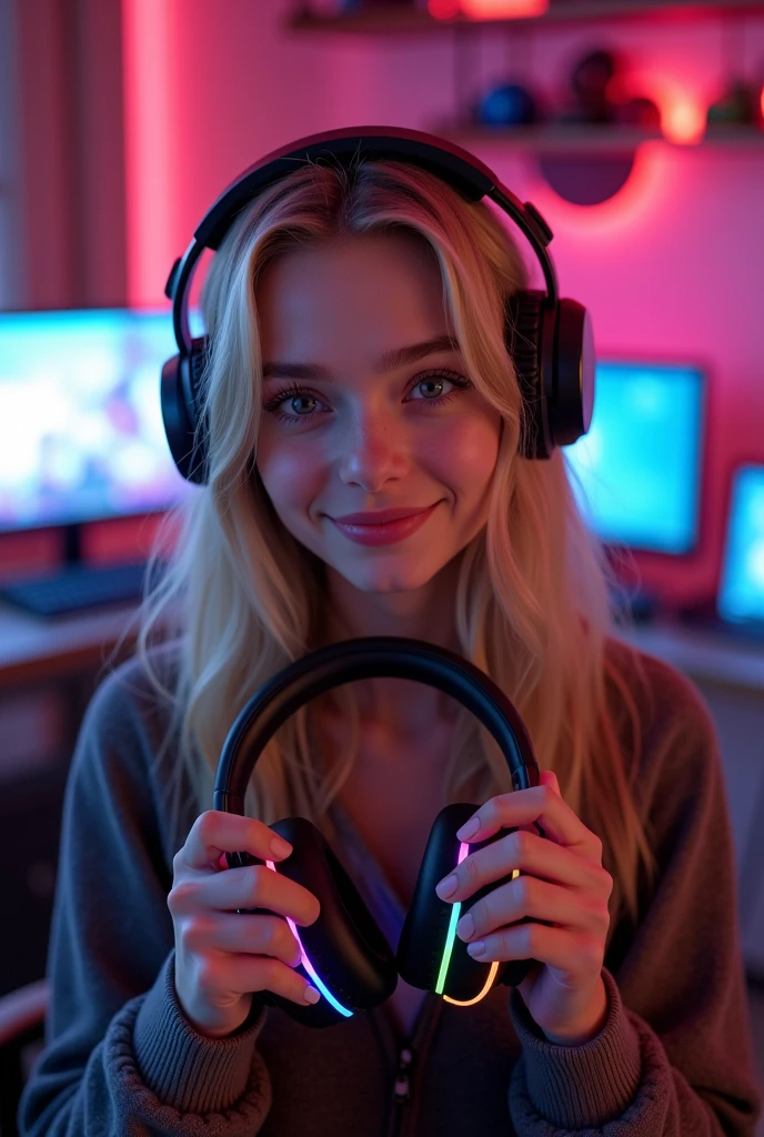 (photorealism:1.2),Beautiful blonde woman holding a headband headphones with rgb light on them while she smiles innocently and candidly in a gamer room full of video games with neon lights