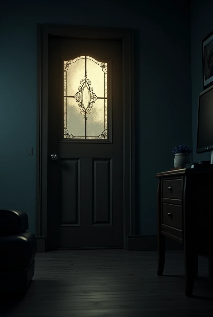close up of a front door in a dark living room