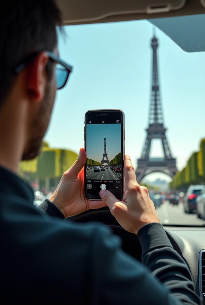 Man taking photo of the Eiffel Tower with his cell phone while driving,  inside the phone the tower collapses, crashed, 8k, High Quality