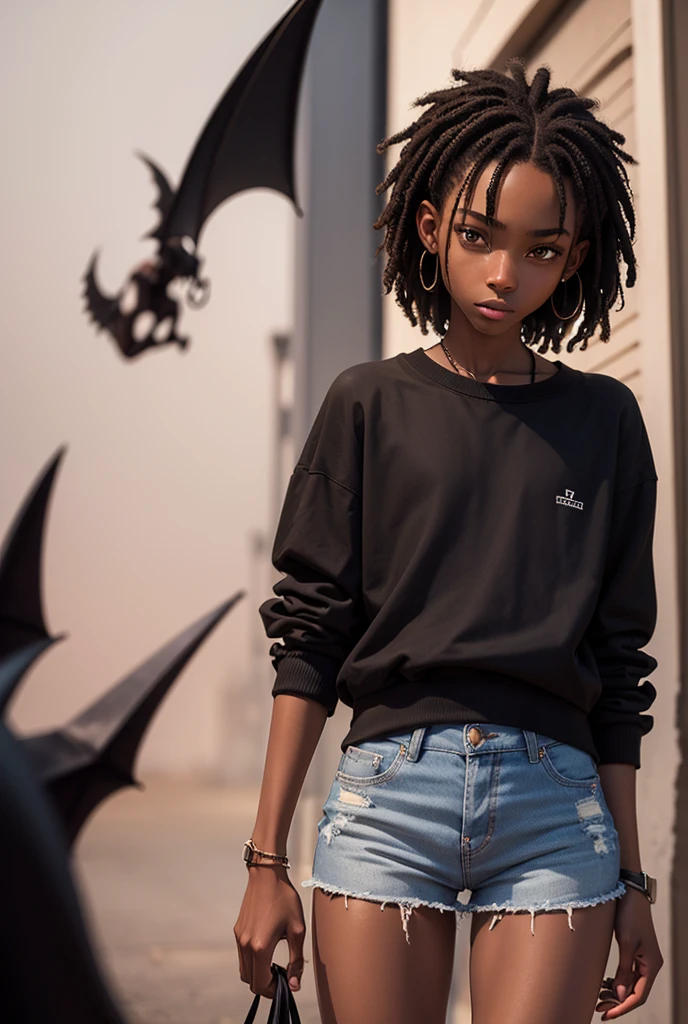 Skinny black , wearing simple clothes with a demon's tail and horn standing at the crossroads of a cemetery around him catches fire
