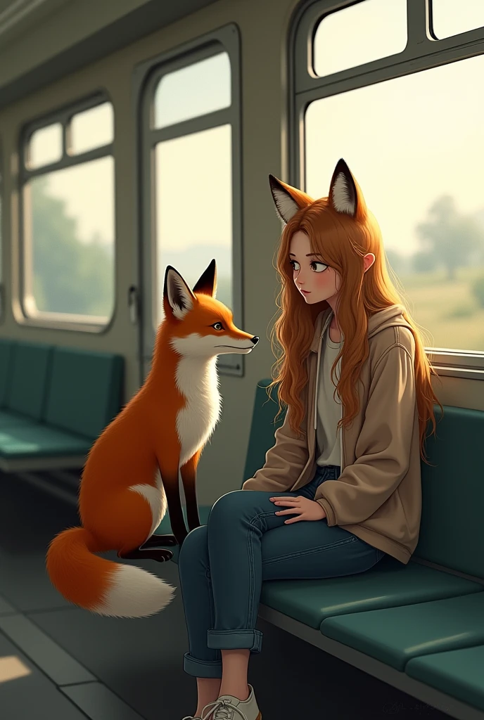 A fox and a teenage girl sitting on a bench in a train