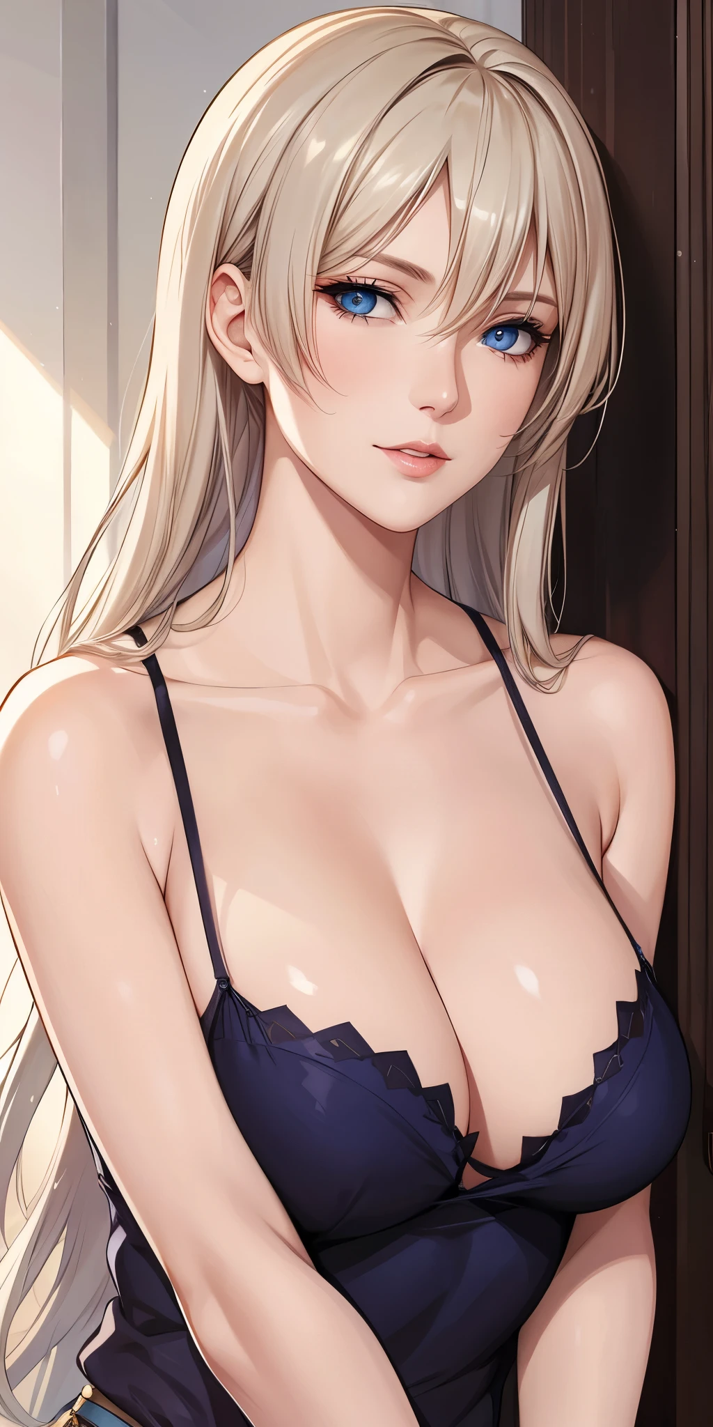 Elegant mature woman, blue eyes, camisole, soft light, 4k resolution, high quality, beautiful cg