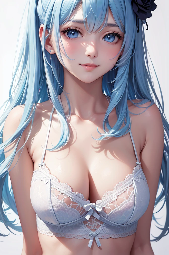 Best Quality,High resolution,8k,(plain white background, no patterns, no textures, just a plain white background:1.3),Masterpiece:1.2),beautiful girl,Big Breasts,(Shiny light blue hair:1.3),messy hair,Bobcut,Beautiful light blue eyes,A set of lingerie featuring intricate lace detailing(black color). The bra has delicate lace trim along the edges with a floral or geometric pattern, and adjustable straps with small, refined accents. The panties are designed with matching lace, featuring a soft, breathable fabric with a touch of elegance. The color scheme is sophisticated, such as soft pastels or classic black with subtle touches of gold or silver,Gentle look,A refreshing look,smile,Best quality,Best Quality,Aesthetic and aesthetic:1.2,Best details((Super detailed))(High-definition CG illustrations),Slender body,smile,blush,cute,Scrounge,Looking up,Being spoiled,wariza