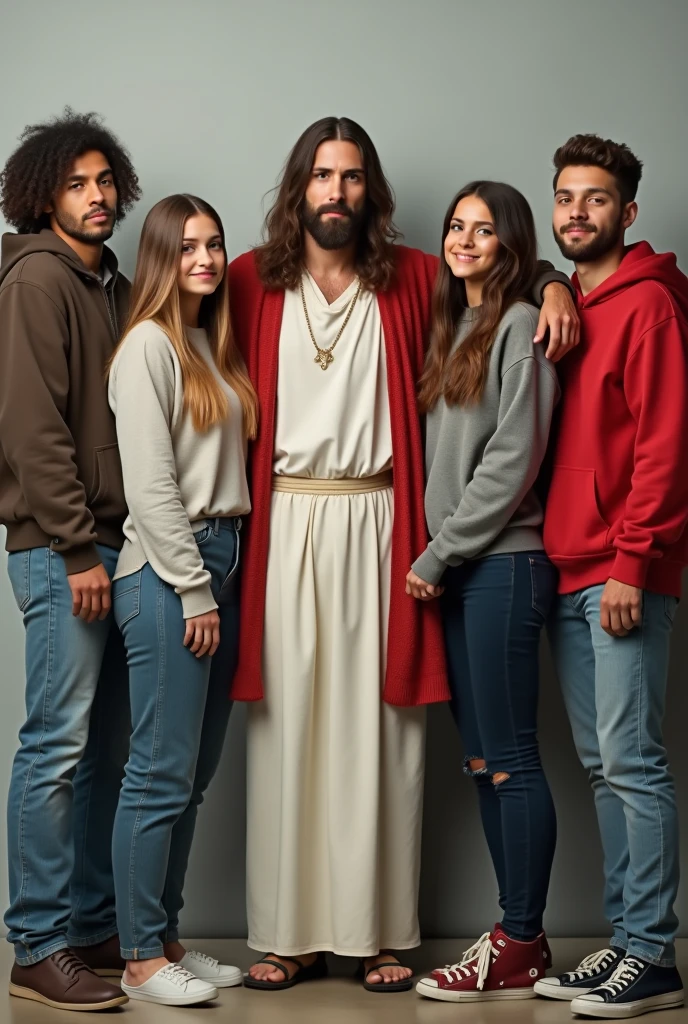 jesus y jovenes con jeans en un selfie
