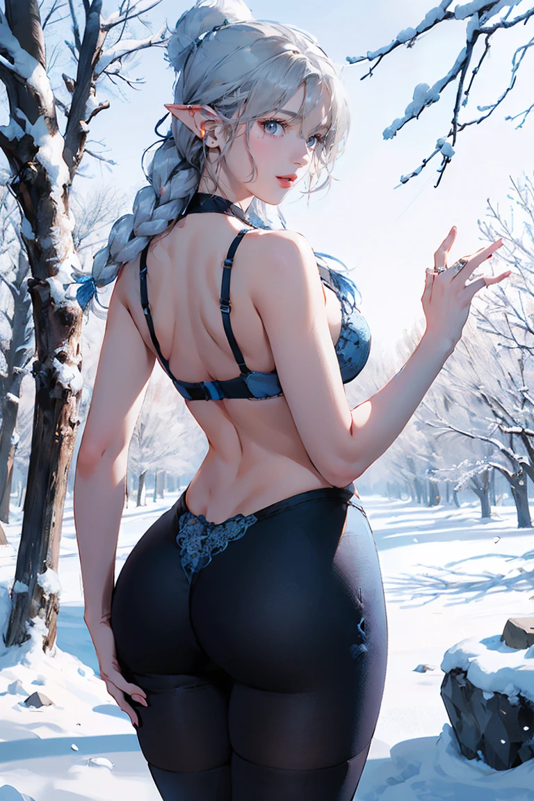 Silver Hair, (Rear View, Rear View),(Highest quality,High resolution,Very detailed,Actual),Target,A world covered in silver, Snow covered branches, toque Chill de invierno, Snowflakes dance like elves, Turning the world into a silver fairy tale, Chill, Quiet and beautiful snow scenery., Cozy and quiet, (Ocean Art 2.1), (Background Frozen white trees Snow falling:1.4) , (Beautiful Blue Eyes、Big stone black eye:1.4) , (Realistic) ,8K high quality, detailed art, Fan Art Best Art Station, Fantasy art style ,(String), (レーザーString), Stockings Bra, Leggings White,Sexy Body,((Mature woman's body)), Browsing Caution