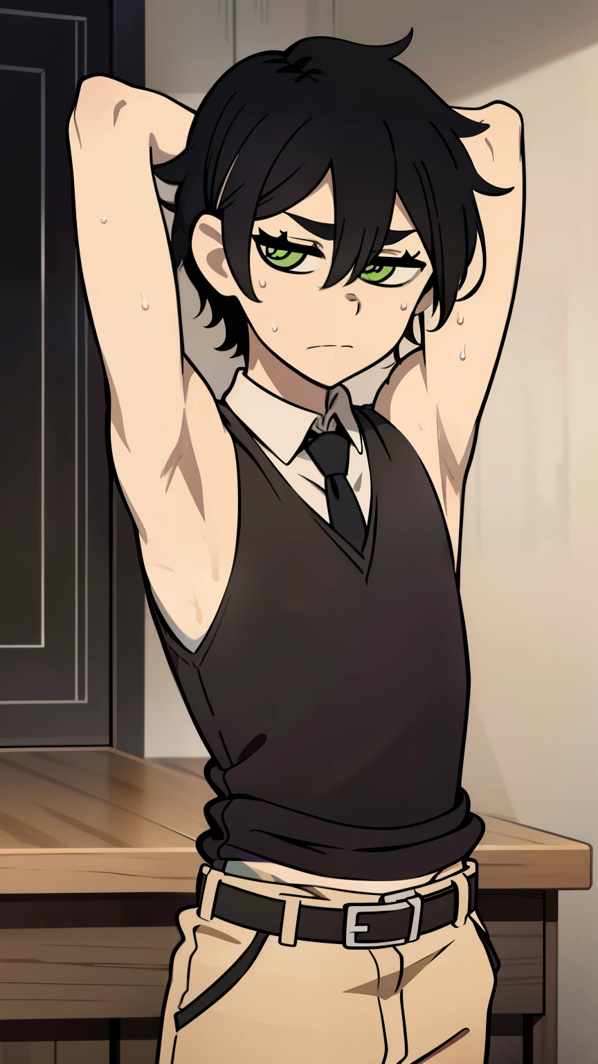 Highres, Masterpiece, Best quality at best,Best Quality,hight quality, hight detailed, Anime style, 1boy, Shota, young boy, Solo person, Young andy graves, hair between eyes, closed mouth,black hair, green eyes, Slim body, messy hair, bright pupils, look at viewer,Sleeveless vest, Bare shoulder, Tie, belt, waiter, cafe, Flat chest, upper body, simple beckground, (Showing armpit:1.3), (very young boy), (very small and short body), simple beckground, hansome boy, Uhd, bokeh, sweat