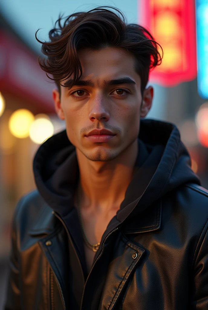 Ultra-realistic young man with ultra-detailed portraits (high quality, 8k, mesa, ultra high definition)masterpiece,最high quality,high quality,High resolution,Perfect dynamic composition,beauty(Latin boy) (1 boy 2)(realistic photo)(Hyper realistic)((fujicolor,soft lighting during the day)fashion supermodel((best high quality real texture skin)(Cabello con textura de high quality.))((Short wavy brown hair ((hairstyle on both sides))intricately detailed))(perfect proportions)(anatomically correct)(perfect male body) (complexion media)(super beautiful face)(realistic face)Very detailed face,absurd(intricately detailed eyes)The male eye with a digital representation.,realistic eyes,Perfect round eyes,finely detailed students,BREAK(Brown_eyes)Wear a leather jacket (hood over his head) ,Whole body((intricately detailed pleated modest leather BDSM costume))dynamic pose(((above knee shot)))look at the viewer(intriguing)(city evening)(neon sign)(evening) (front body)