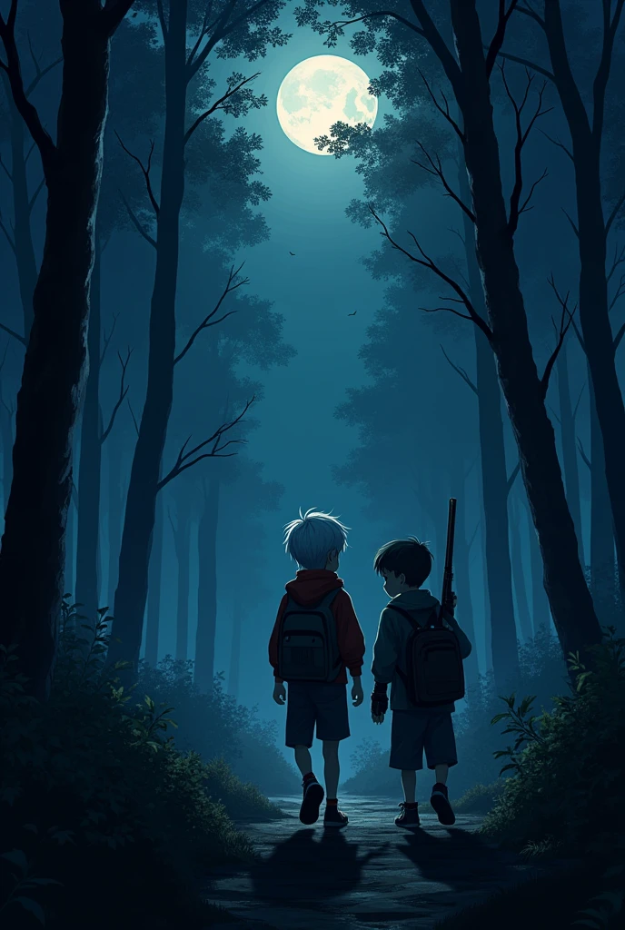 A boy with short straight white hair hunting with his father in the forest at night