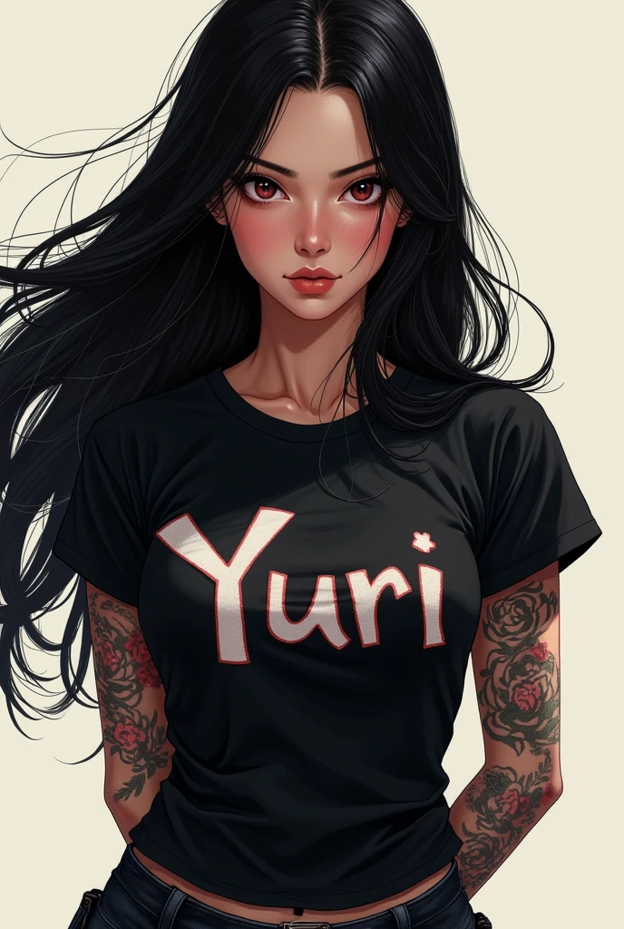 beautiful japense and hawaiian mixed girl, tattoo woman , wearing black t-shirt with Yuri written onit, blue jeans, long black hair,arms behind back, giving yakuza vibes, realistic, intricate details, hard colors