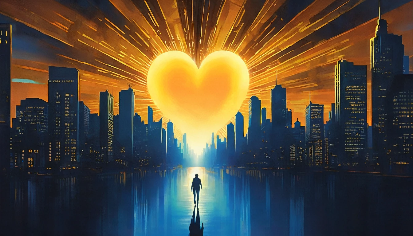 A radiant light emerging from the heart of a dark city, with bright golden rays spreading in all directions. over the horizon, the shadows recede, and human figures walk towards the light, representing the spiritual journey. The sky in the background has shades of blue and orange, symbolizing the transition between night and day.