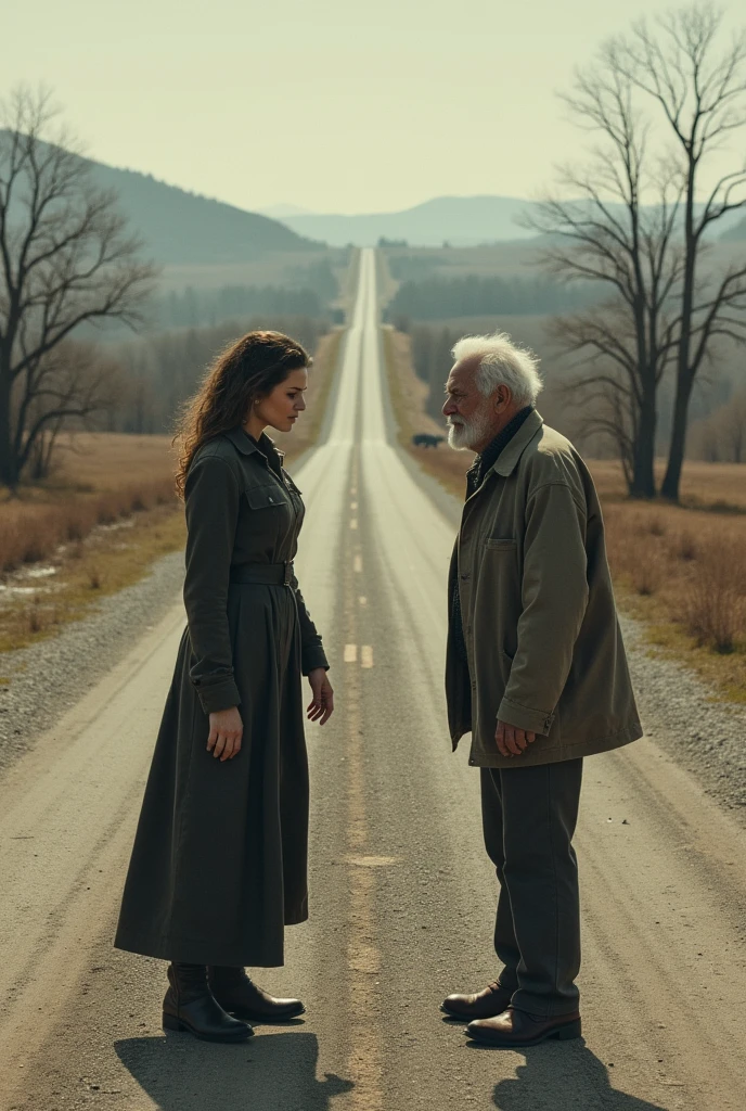 A woman on a deserted road fighting with an old man