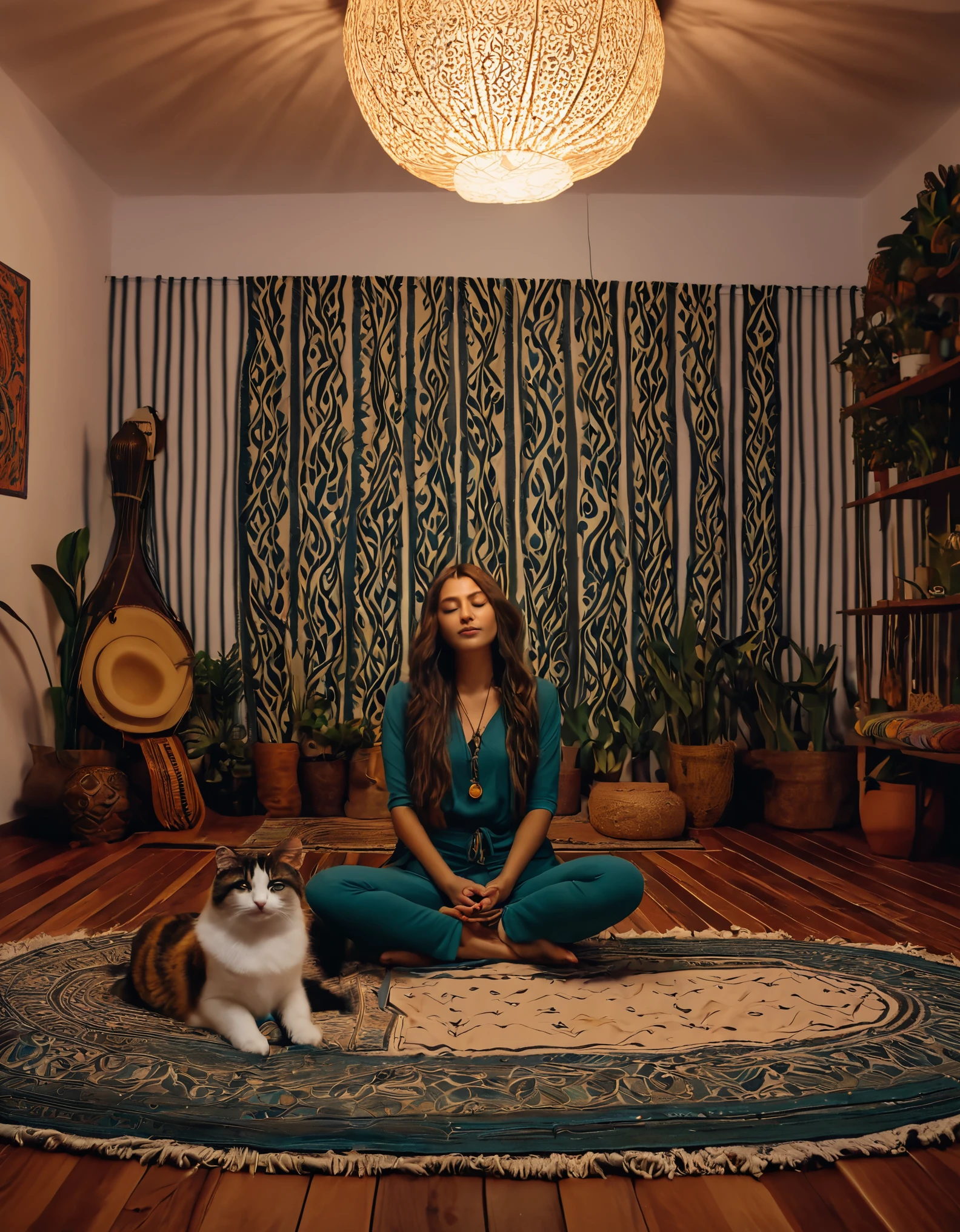 Pessoa ocidental meditando cercada de gatos. The setting is the interior of a beautiful room with boho style decor.. cinematic lighting. Pessoa meditando. meditation. ultra HD pessoa meditando.