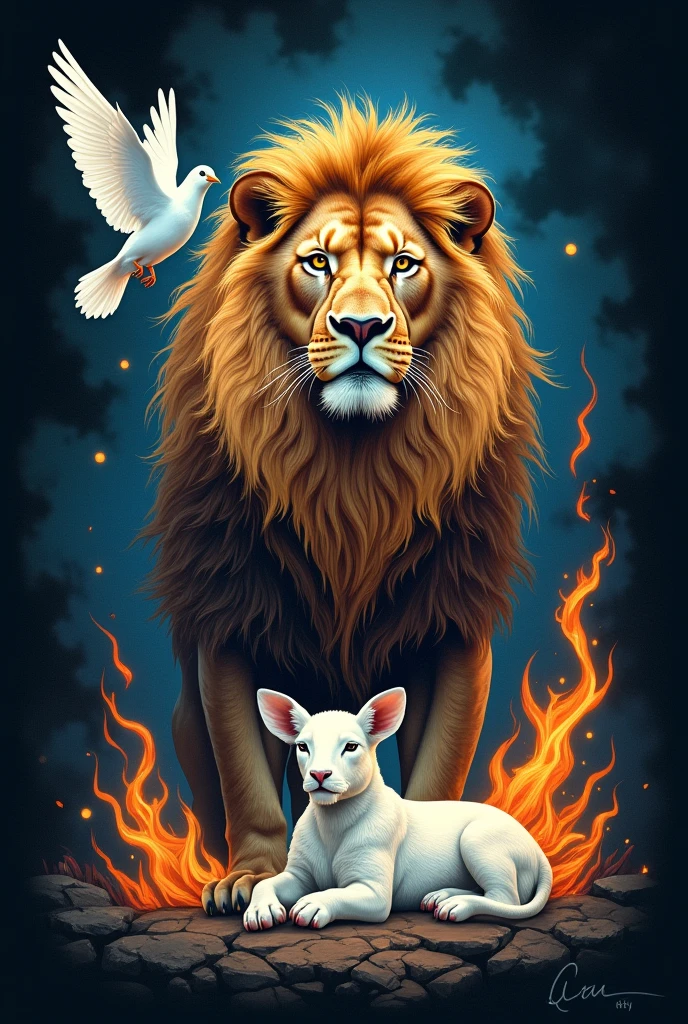 Create an image of a lion with fire, a white dove and a white lamb and place this image on the front of the black shirt with sky blue details.