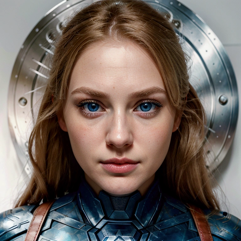 Photorealistic image of Anna, 25 years, blondes with blue eyes, in the image of Captain America. Anna stands with her shield extended forward., ready for battle. Her big blue eyes radiate determination., and the slightly raised corners give it a special charm. Straight nose and neat nostrils, An oval face with soft cheekbones and a slightly pointed chin highlight her beauty. full lips, decorated with a slight smile, add femininity and strength to the image.