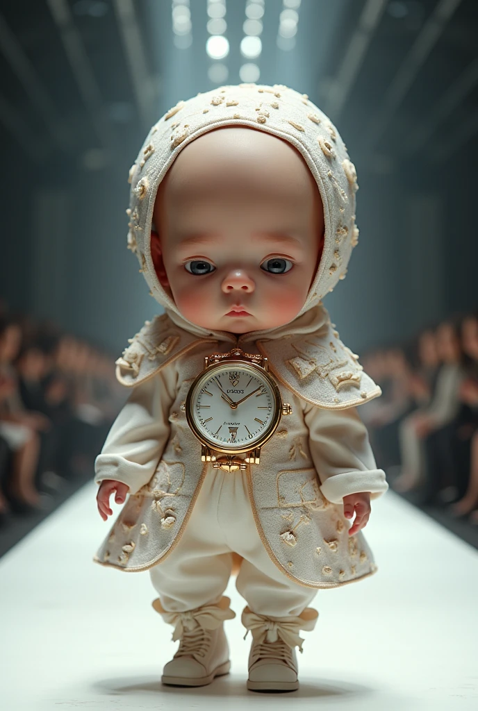 Newborn baby with very large head wearing a guess watch costume and hat in a realistic full body fashion show