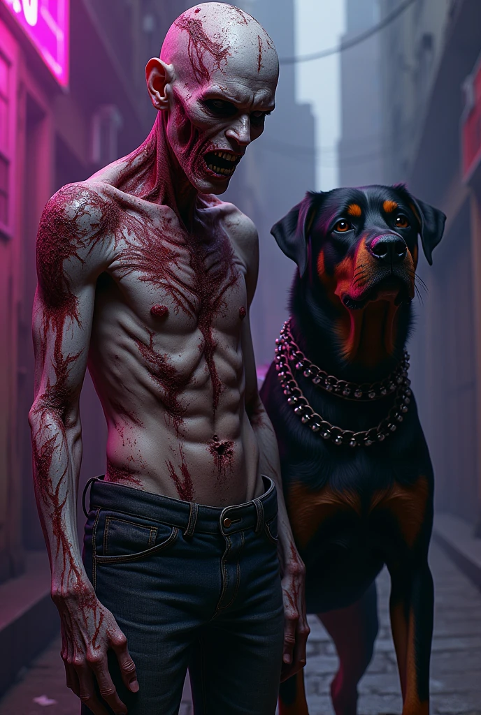 Toxicoman person, at very dark , with multiple hole on the body that we can see the muscle underneath, violet and purple atmosphère, with rottweiler with big bullet punk chains, asking for money