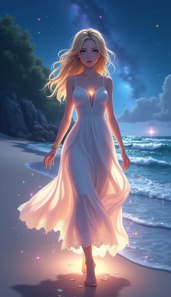 (masterpiece、Highest quality、8k、High resolution)、(The best beautiful girl)、Best Style、(The most beautiful face、Beautiful Skin、Clean blue eyes、Beautiful Lips、Beautiful Nose)、Blonde、Ample breasts、White lace dress、Walking on the beach、look back、Ocean、You can see the forest、A bright night with the stars clearly visible、Beautiful starry sky、milky way、(体whole bodyから神秘的な光の粒子、Colorful light)、(jewelry、necklace)、(whole body)、Highly detailed anime art、A complete portrayal、
