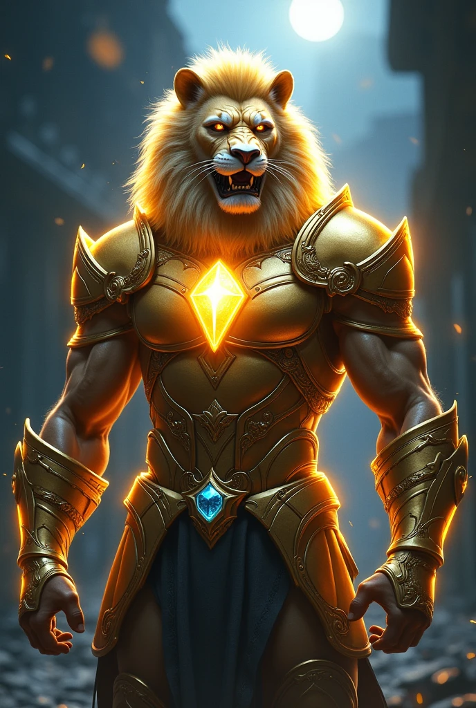 Aegis, an imposing warrior in golden armor, is prepared for battle. His armor shines brightly under the moonlight, highlighting an ominous glow emanating from a blue stone embedded in the armor's chest. The armor's golden aura is accentuated by a blue inner light that pulses with an ominous tone., reflecting the power and fury of the warrior. The surrounding environment is shrouded in shadows, with the moon partially illuminating the scene, creating a dramatic contrast between the light of the armor and the darkness around it.
Aegis is in a combat stance, with his armor gleaming as he prepares for a confrontation. His face is a portrait of determination and ferocity, complemented by striking features that accentuate its imposing presence. Aegis is like a monstrous lion, and his majestic mane, that emanates a golden glow, is one of the highlights of its appearance.
Detalhes do Rosto e already:
eyeballs: intensos e penetrantes, with a determined glare that reveals his fury and defiance. The eyes are a golden or amber hue, blending with the armor.
Facial expression: Locked in a look of anger and defiance, with the eyebrows furrowed and the mouth slightly curved in a threatening smile or an expression of contempt.
already: imponente e majestosa, with golden, shiny fur that reflects the moonlight and the energy of the stone on the chest. The mane looks alive and moving, adding a wild and monstrous touch to your appearance.
Additional Features: Tension wrinkles on the forehead and sides of the face, accentuating the seriousness and intensity of the moment. May have scars or marks that add a sense of experience and battle.
Armor Visual Details:
golden armour: Full of intricate details, with a golden glow that accentuates its power and majesty.
Blue Stone on Chest: An eerie, blue glow that emits a pulsating inner light, as if carrying a powerful and threatening energy.
enviroment: Deep shadows all around, com a