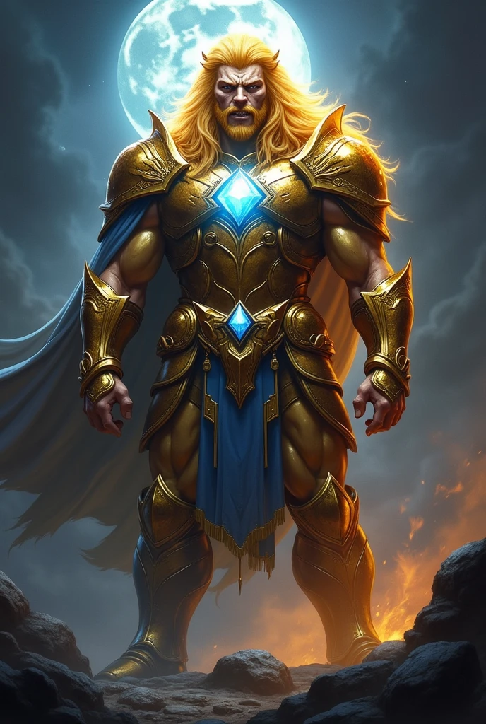 Aegis, an imposing warrior in golden armor, is prepared for battle. His armor shines brightly under the moonlight, highlighting an ominous glow emanating from a blue stone embedded in the armor's chest. The armor's golden aura is accentuated by a blue inner light that pulses with an ominous tone., reflecting the power and fury of the warrior. The surrounding environment is shrouded in shadows, with the moon partially illuminating the scene, creating a dramatic contrast between the light of the armor and the darkness around it.
Aegis is in a combat stance, with his armor gleaming as he prepares for a confrontation. His face is a portrait of determination and ferocity, complemented by striking features that accentuate its imposing presence. Aegis is like a monstrous lion, and his majestic mane, that emanates a golden glow, is one of the highlights of its appearance.
Detalhes do Rosto e already:
eyeballs: intensos e penetrantes, with a determined glare that reveals his fury and defiance. The eyes are a golden or amber hue, blending with the armor.
Facial expression: Locked in a look of anger and defiance, with the eyebrows furrowed and the mouth slightly curved in a threatening smile or an expression of contempt.
already: imponente e majestosa, with golden, shiny fur that reflects the moonlight and the energy of the stone on the chest. The mane looks alive and moving, adding a wild and monstrous touch to your appearance.
Additional Features: Tension wrinkles on the forehead and sides of the face, accentuating the seriousness and intensity of the moment. May have scars or marks that add a sense of experience and battle.
Armor Visual Details:
golden armour: Full of intricate details, with a golden glow that accentuates its power and majesty.
Blue Stone on Chest: An eerie, blue glow that emits a pulsating inner light, as if carrying a powerful and threatening energy.
enviroment: Deep shadows all around, com a