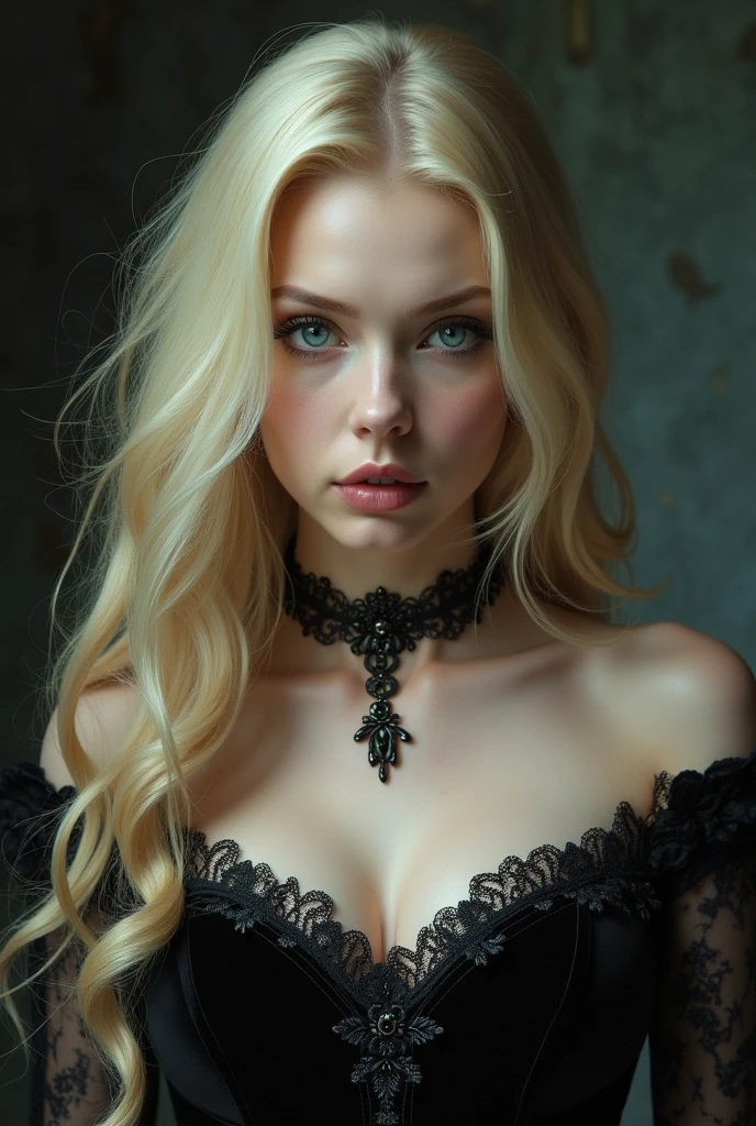 blonde vampire woman with blue eyes and victorian dress portrait