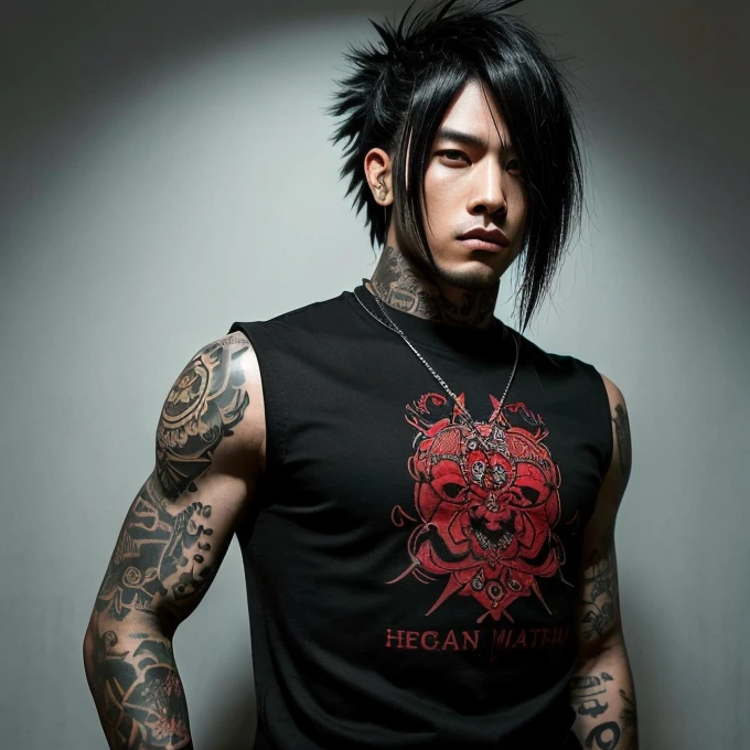 1 man, Japanese man, male, Asian eyes, muscular, broad shoulders, yakuza tattoos, hairstyle Visual Kei style, hair Visual Kei, black men's shirt and black pants, ultra detailed face, hyperrealistic, realistic representation, long hair, long hair, 30 years old, age 30 years, blonde hair, full body view 