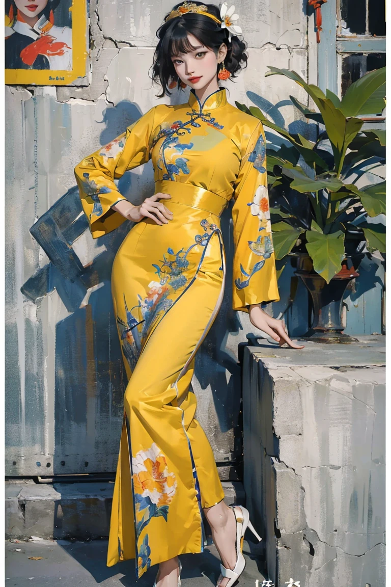(Ultra-detailed, photorealistic, best quality,4k,8k,highres,masterpiece:1.3), (Vogue magazine cover), (Vogue Style Cover), Vogue style color paintings, 1 females, age 24, Vietnamese. With her tan skin and perfect body shape, she radiates an irresistible allure. Known for her super appearance, her busty physique and long legs only enhance her appealing persona. Her body language is as captivating as her physical attributes, always exuding confidence and sensuality. (((She's wearing a Art Deco Aodai - Vietnamese traditional clothes, the iconic Art Deco print enhancing her bold and daring persona))). ((intricate detail)), super finely detailed hands, ultra finely detailed fingers(((ten fingers))), (standing confidently), (full body showcase), (show full body), (no logos on background), (no logo). paul ruben style