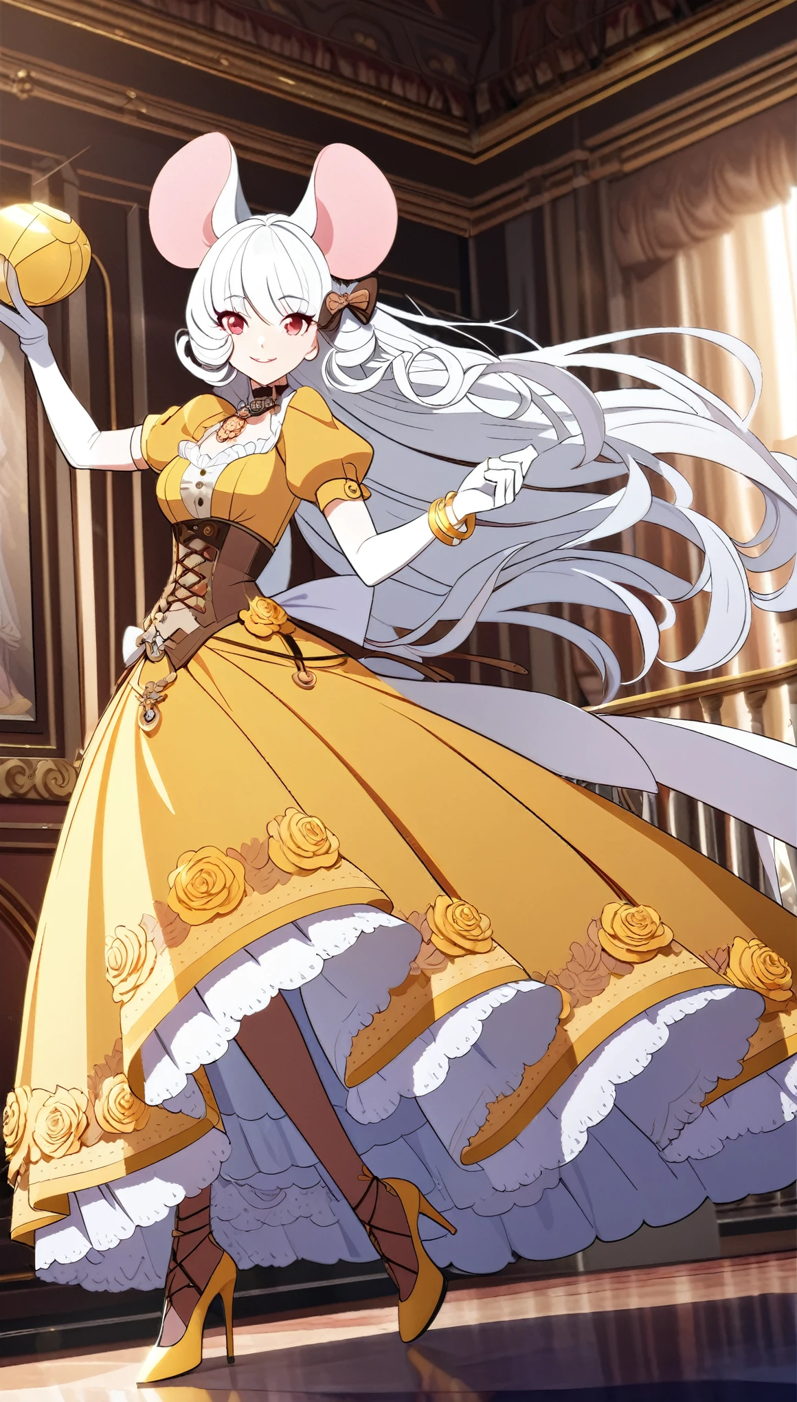 (best quality,4k,8k,highres,masterpiece:1.2), ultra-detailed, Pretty anthropomorphic mouse girl, drawn in anime style, steampunk, wearing a yellow ball gown with puffy sleeves, steampunk, gorgeous frilly dress design,flowing gown,elaborate lace details,rich textures,contrast stitching,delicate ribbon bows,floral accents, flowers embroidery, full skirt,short sleeves,fitted waistline,flared cuffs,lace-up back,luxurious fabrics,flawless silhouette, long curly white hair and red eyes, white fur, smiling, mouse ears and tail, high heels, white elbow gloves, gold bracelets, red lipstick, eyeshadow, seashell necklace, Standing in a castle ballroom in elegant pose.