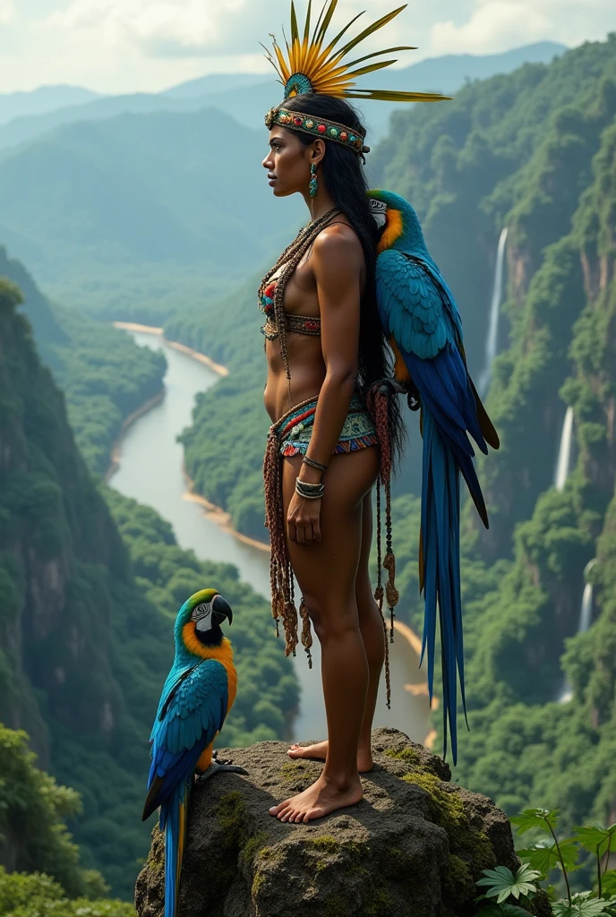 A beautiful Brazilian Indian, indigenous to the Americas and not African, characterized according to how a Tunambá or Tapajó woman dresses, with a very cute face and an athletic body with a blue macaw on a very high peak in the Amazon rainforest from where you can see the river and waterfalls, but the river must run on a plain