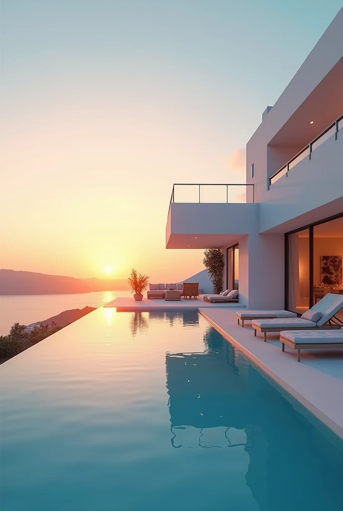 (masterpiece:1.2, Highest quality, Ultra-high resolution, Very detailed, Realistic, RAW Photos:1.2, Elaborate photos), 8k, wallpaper, (Ray Tracing), Santorini villa, (Ultra-modern architecture, Whitewashed walls with clean lines, Infinity pool overlooking the Aegean Sea, Glorious sunset casting golden hues), A photo capturing the luxurious and serene atmosphere of the villa’s exterior as it glows in the soft light of the setting sun.