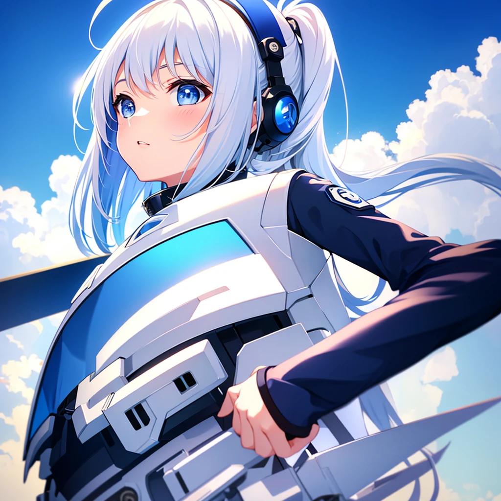 White combat suit with blue pattern, cute, Pixie Cut Hair, Small breasts, Flat Chest, Outdoor, blue sky, Canon, masterpiece, high quality, Attention to detail, Textured skin