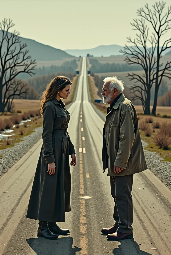 A woman on a deserted road fighting with an old man
