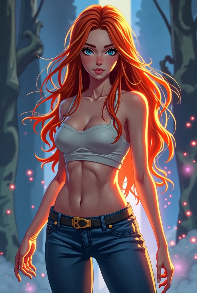 Age: 16
Large Breast
Height: 5'9" (1.75 m)
Weight: 130 lbs (59 kg)
Hair: Long, flowing red hair with glowing highlights that change color depending on her emotional state or power usage.
Eyes: Bright blue eyes that can glow with a celestial light when she uses her powers.
Skin Tone: Fair complexion with a subtle golden undertone, reflecting her connection to the sun.
Build: Athletic and toned, with a graceful and agile physique.