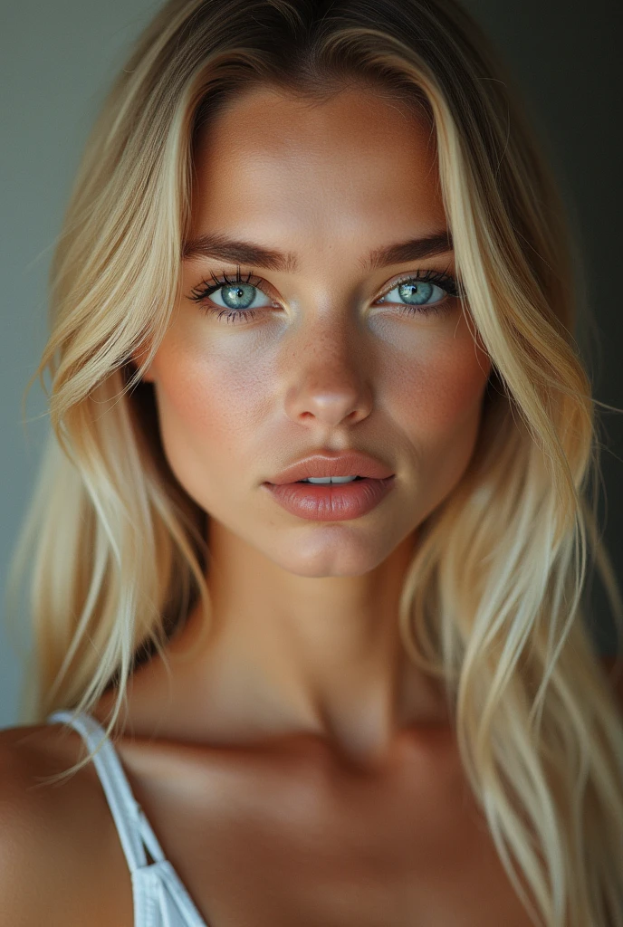 BEAUTIFULL SWEDISH young blonde woman with striking BLUE eyes. She has a toned, athletic physique, and her facial features are natural and symmetrical. Her hair is long, flowing, and slightly wavy, framing her face elegantly. The background should be neutral, with soft lighting that enhances her natural beauty and highlights the vividness of her eyes and the healthy glow of her skin. The overall atmosphere should be warm and inviting, with attention to detail in the texture of her skin and hair
