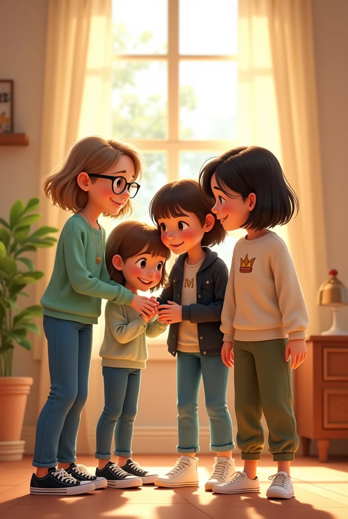 Disney Pixar style cover with a group of 4 friends of 3 girls and a boy playing together in a nice light colored room in warm tones with a big window. The first girl with white skin and short wavy light brown hair, Brown eyes con lentes, dressed in blue pants and a pastel emerald green sweater with black Vans sneakers. The second girl with slightly less white skin, long straight dark brown hair, Brown eyes con lentes, necklace with the letter M, dressed in blue pants, white top, black jacket and black converse sneakers. The third girl with light brown shoulder-length straight hair, Brown eyes, wearing beige pants, black top, white sweater with a small crown on the head and white sneakers. The boy with short wavy black hair, dark slanted Chinese eyes, olive green pants dress and beige sweatshirt with white sneakers.