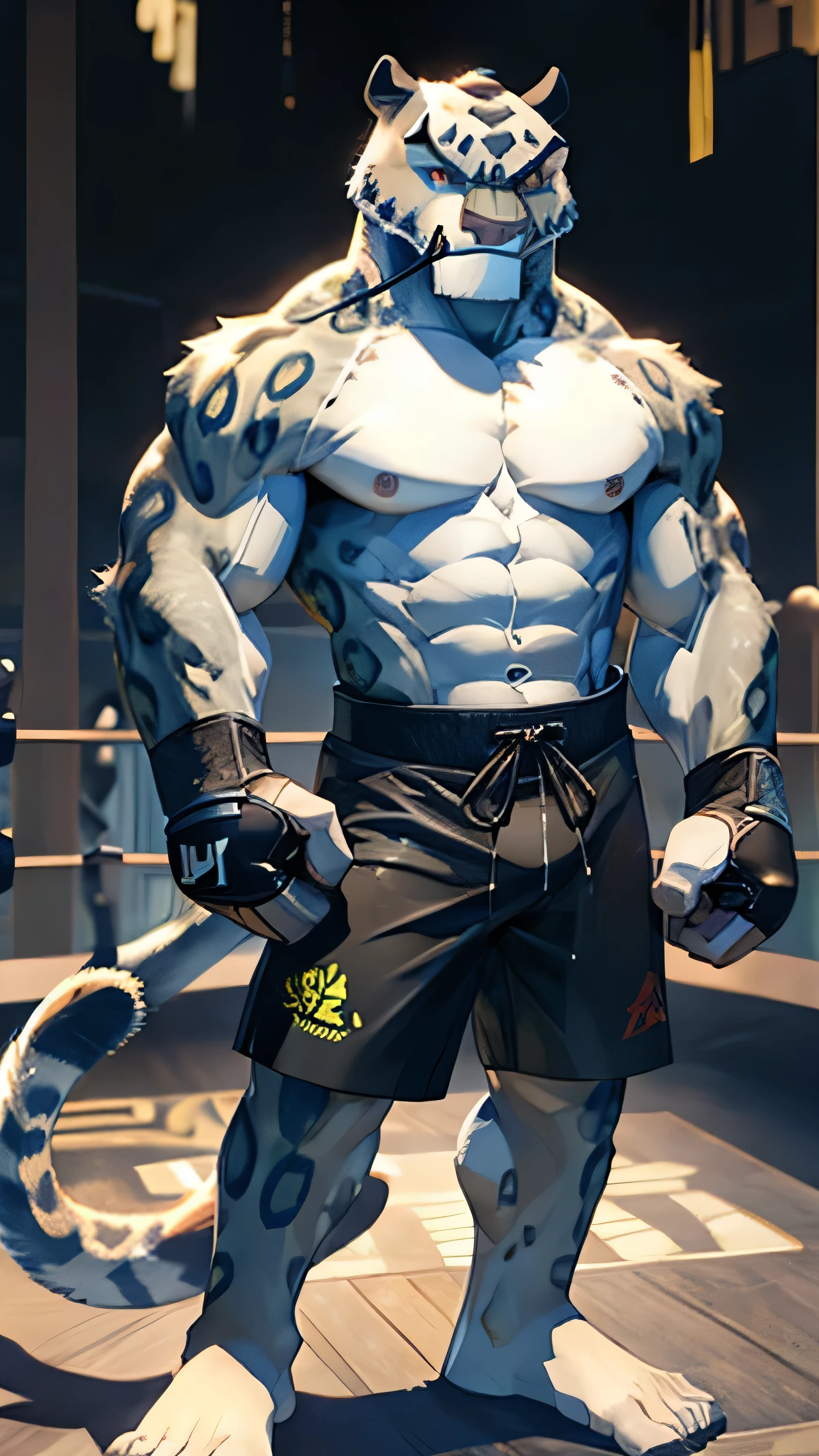 Kung Fu Panda cartoon, furry snow leopard Tai Lung, tall, slender, handsome, extremely beautiful face, muscular body, six pack abs, shirtless, ufc shorts, bare feet, sexy, hot, ufc gloves, standing on the ufc ring