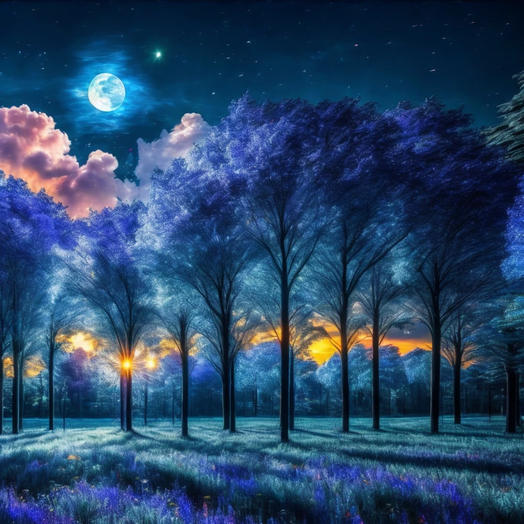 a forest of blue tree's, transparent, dynamic lighting, colorful clouds, moon, sparkling, glass, shiny,