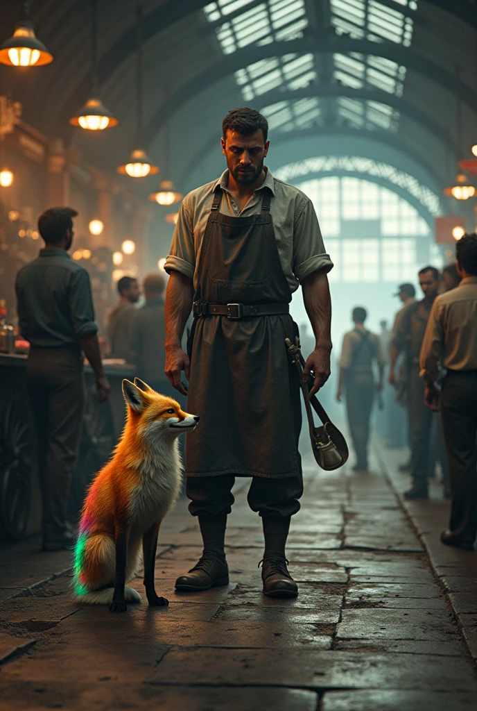 A blacksmith is frightened when he sees a colorful fox at a train station