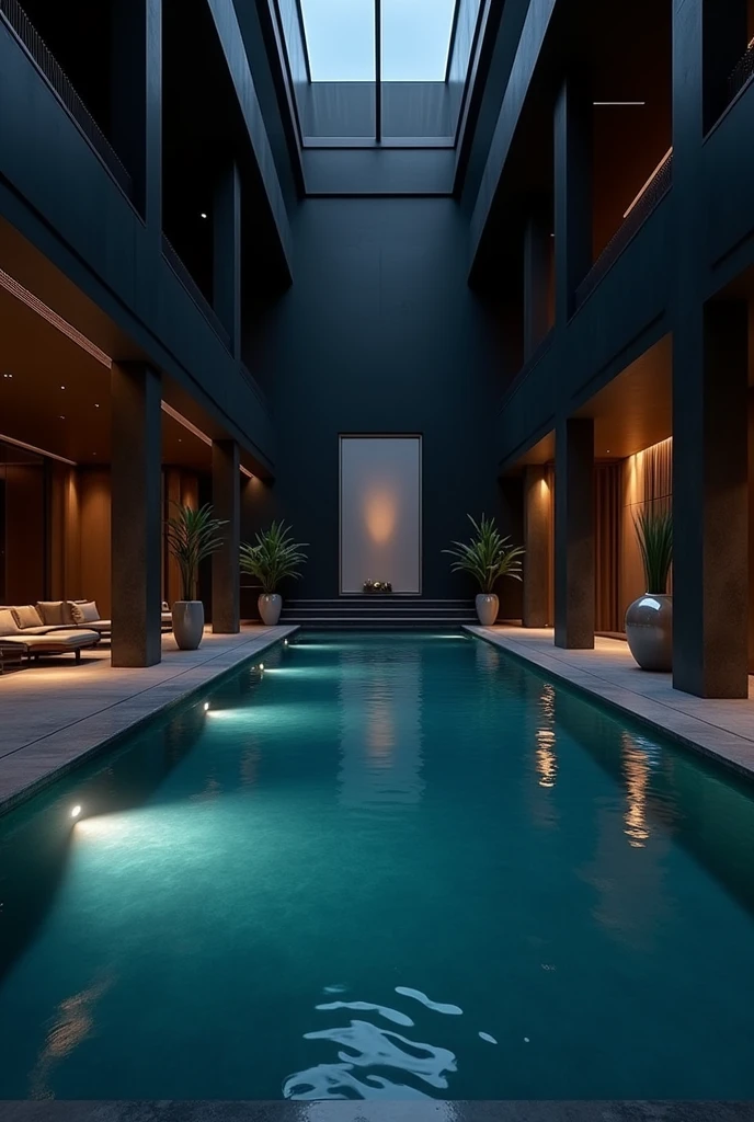 Luxury indoor swimming pool, dark interior, aesthetic, horizontal picture, lenth 16: width 9 ratio picture, without people,