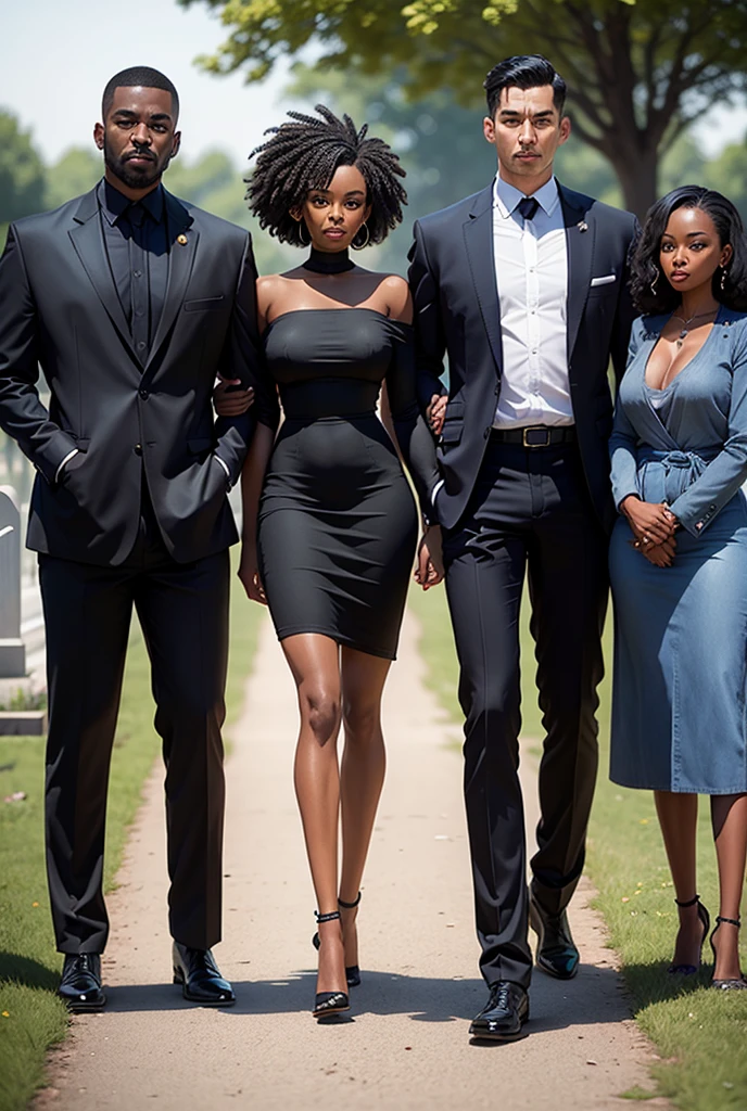 Couple with a black woman with black power hair and a tall black man accompanied by a thin ager in a cemetery