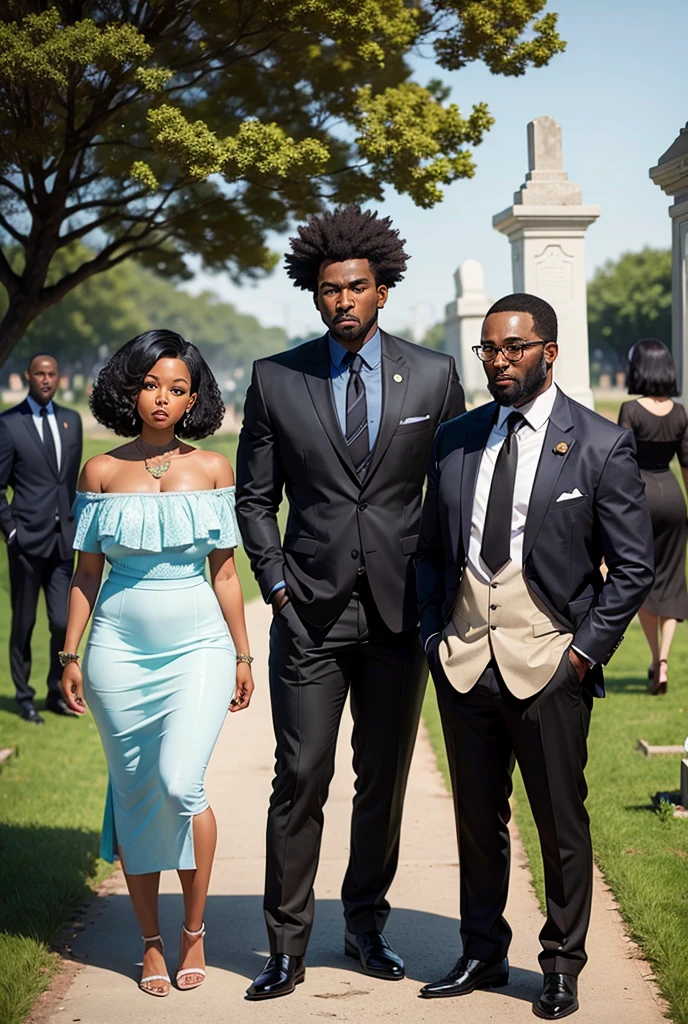 Couple with a black woman with black power hair and a tall black man accompanied by a thin teenager in a cemetery 